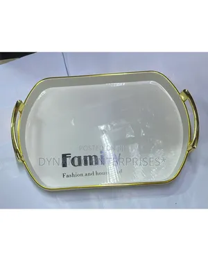 Serving Tray with Golden Handle - White, 35cm