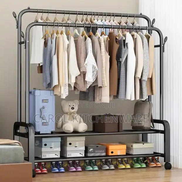 Double Pole Metal Clothes Rack with Wheels - 1