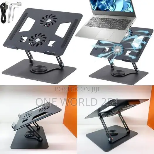 Aluminum Laptop Stand with 360° Rotating Base & Dual Cooling Fans - 1