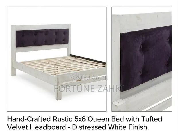 Handcrafted Rustic Queen Bed, Tufted Velvet Headboard - 1