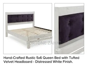 Handcrafted Rustic Queen Bed, Tufted Velvet Headboard