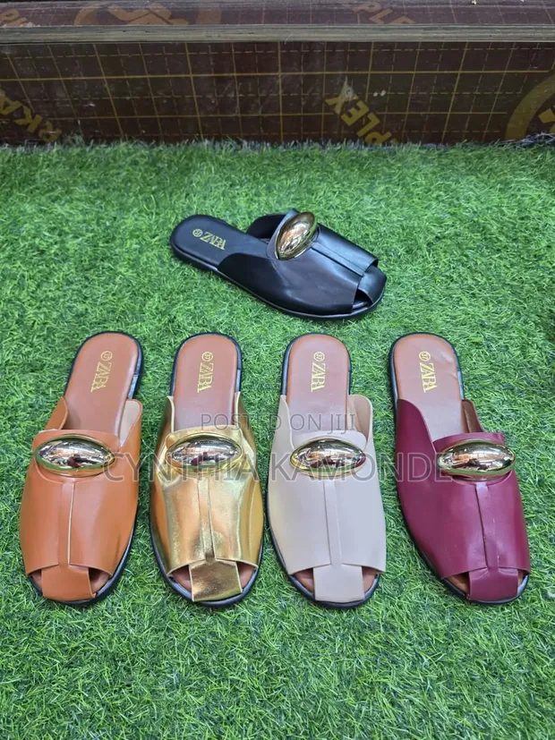 Gold Buckle Slip-On Sandals - 1