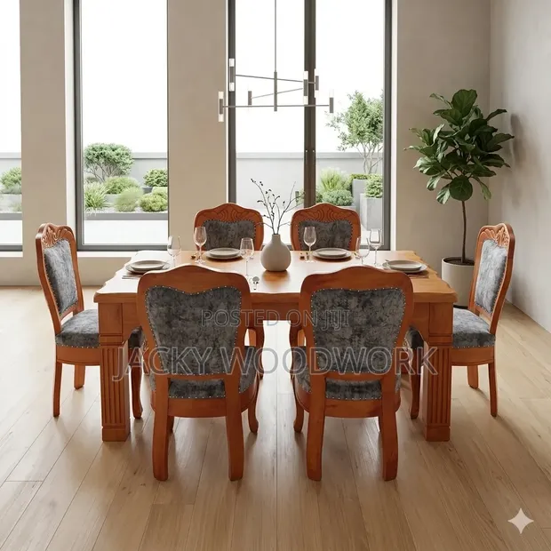 Jedwali la Kula la Mahogany la Viti 6 vya Premium na Viti vya Tufted - 1