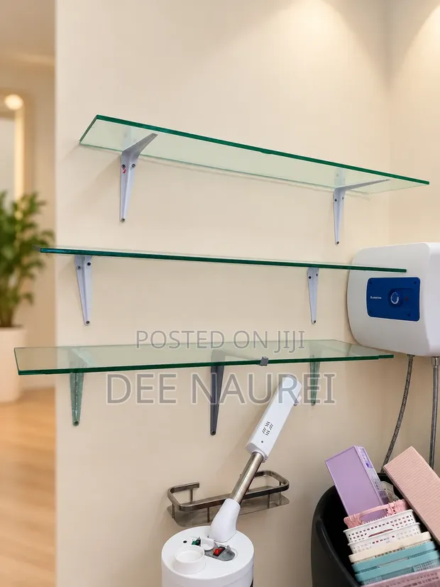 Floating Glass Wall Shelves with Metal Brackets (Set of 3) - 1