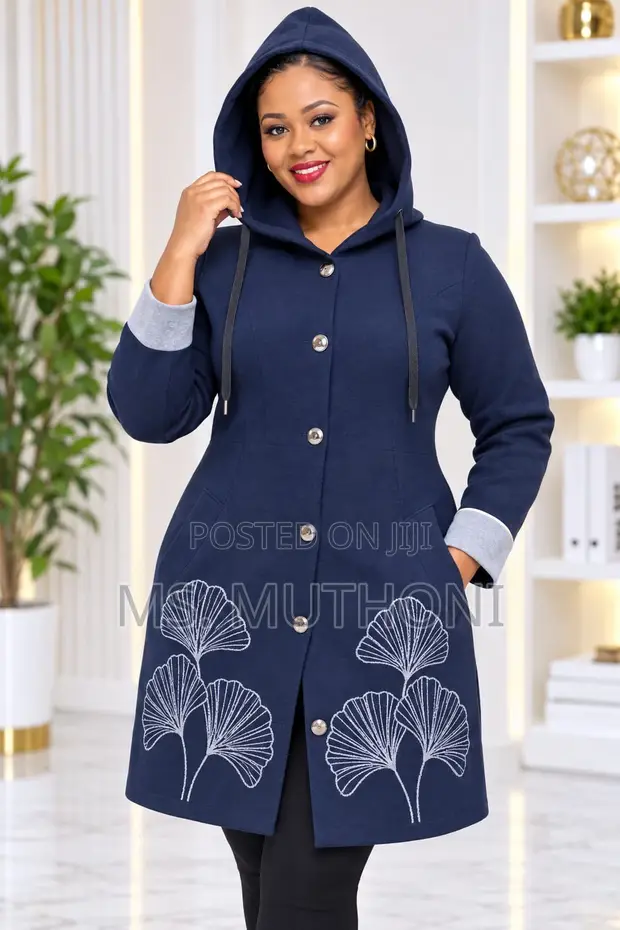 Women's Long Hooded Sweater - White Floral Embroidery - 1