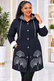 Women's Long Hooded Sweater - White Floral Embroidery - 2