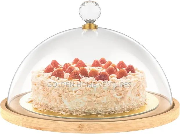 Wooden Cake Stand with Acrylic Dome Lid & Bamboo Tray - 1