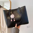 Women's Leather Shoulder Tote Bag with Fur Charm - 4