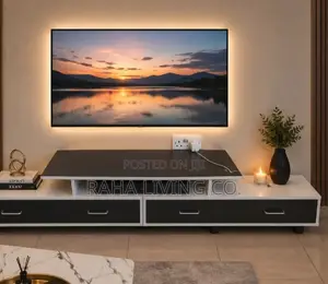 Modern Black and White TV Stand with Drawers on Wheels
