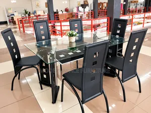 6-Seater Glass Dining Set - Modern Black Chairs