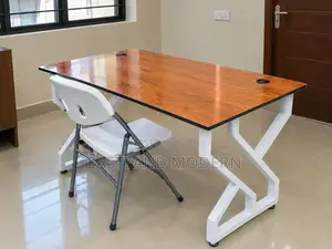 Modern Wooden Office Desk with White Metal Frame