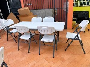 Seti ya Meza Nyeupe ya Kukunja na Viti 6 - Metal Imara