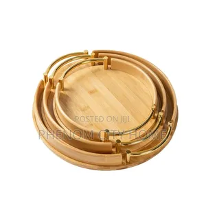 3pc Bamboo Decor & Serving Trays with Gold Handles