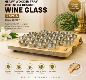Heavy Wooden Tray with 26 Steel Church Wine Glasses