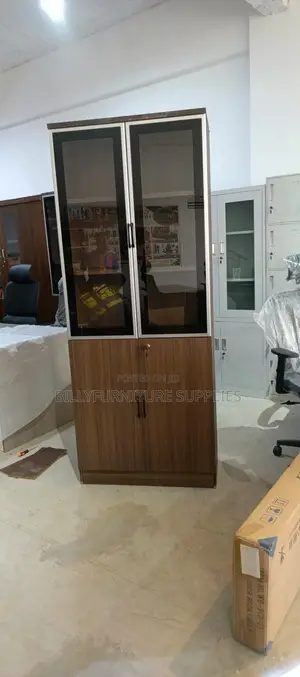 Modern 2-Door Wooden Office File Cabinet With Glass Display Shelves