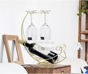Gold Countertop Wine Glass Holder | Holds 2 Glasses + 1 Bottle