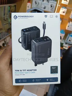 Powerology 70W TFT Adaptor na Cable Inayojikunja - Nyeusi