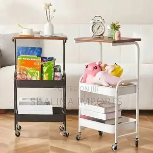 Trolley Rack ya Mesh Mbili na Juu ya Mbao 42x30x76cm (Nyeusi/Nyeupe)