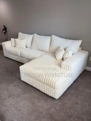 Kochi ya Premium Corduroy Nyeupe ya L-Shape (4-Seater)