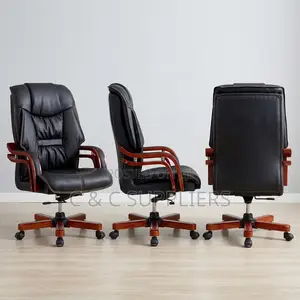 Kiti cha Meneja cha Ngozi chenye Mikono ya Mahogany