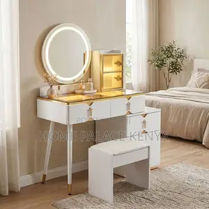 Vanity Set Yenye Kioo cha Mviringo Nyeupe