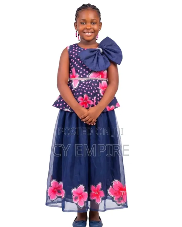 7 Year Girls Blue Ankara Mix Dress - 1