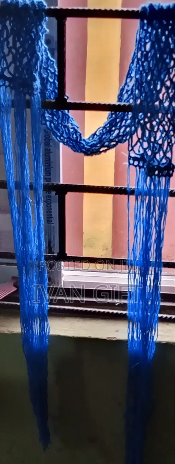 Handmade Blue Wool Scarf with Long Fringes - 1
