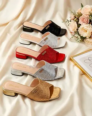 Golden Kello Low Block Heel Slippers With Stones