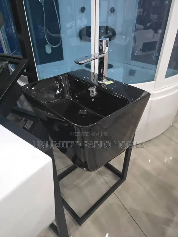 Luxury Glossy Black Wash Basin with Metal Frame Stand - 1