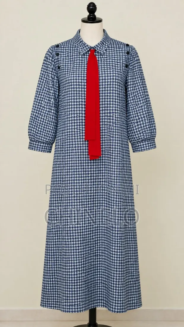 Houndstooth Print Dress with Red Tie Detail - 1