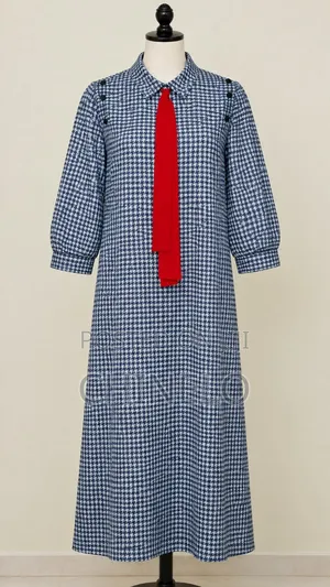 Houndstooth Print Dress with Red Tie Detail