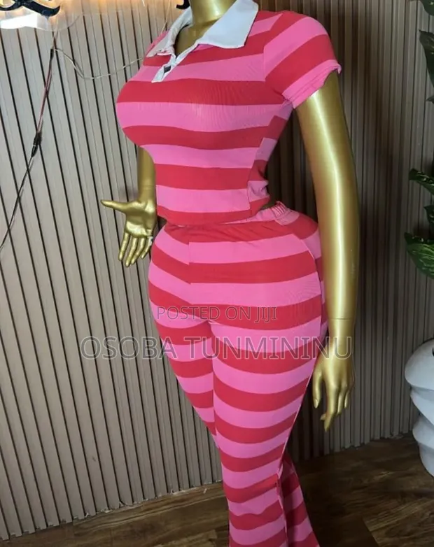 Pink & Red Striped Two-Piece Set - Crop Top & Flared Pants - 1