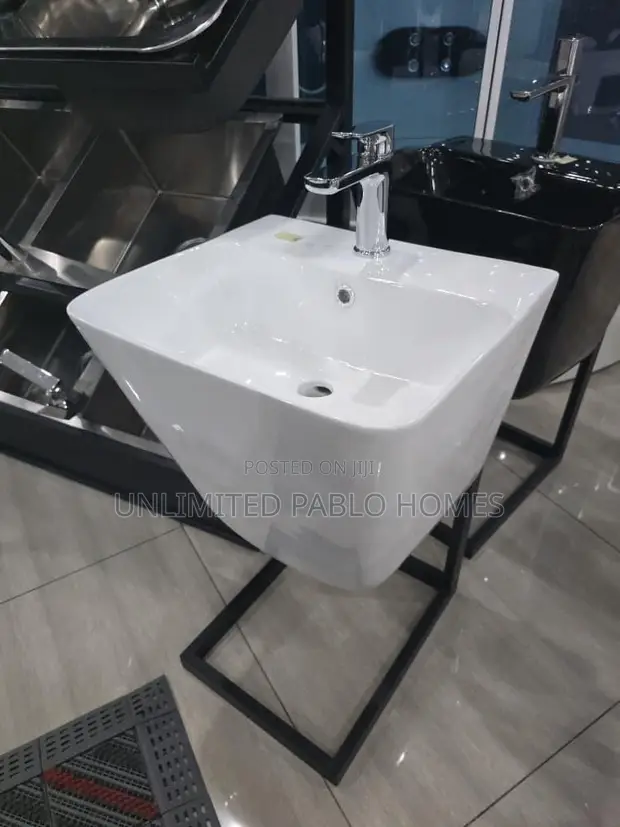 Glossy Wash Basin with Metal Frame Stand - 1