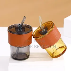 Amber Glass Beverage Cup with Lid and Straw