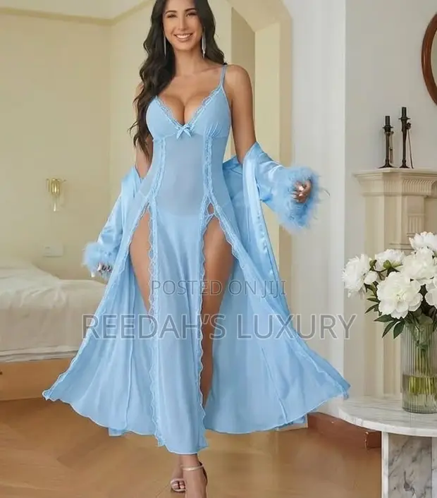Feather Trim Robe Slip Set - 1
