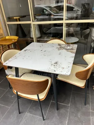 Square Marble Top Dining Set with 4 Luxury Leather Chairs