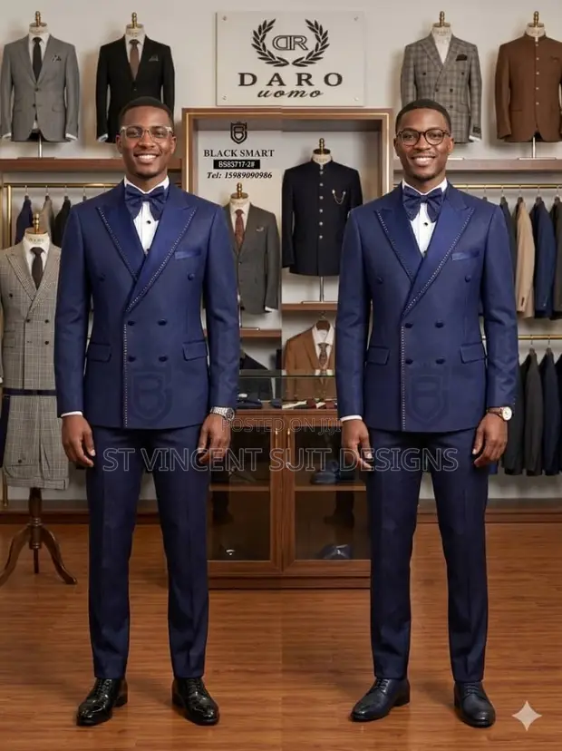 Navy Blue Double Breasted Tuxedo Suit - 1