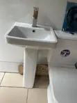 Modern Ceramic Wash Hand Basin with Square Pedestal and Faucet - 2
