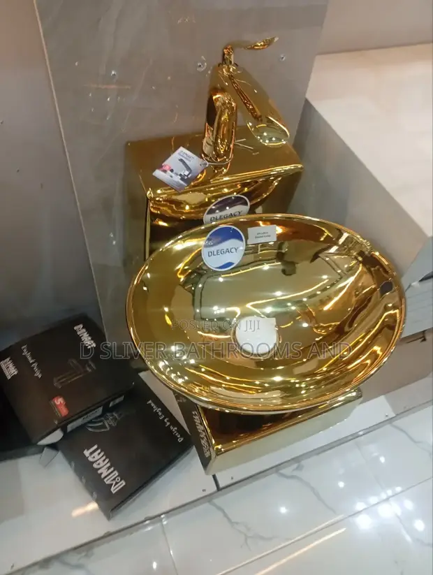 Gold Wall-Hung Wash Hand Basin with Pedestal - 1