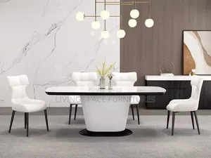 Modern 6-Seater Rectangular Dining Set - White Marble & Leather