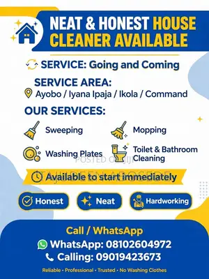 Neat House Cleaner Available - Ayobo, Ipaja, Ikola