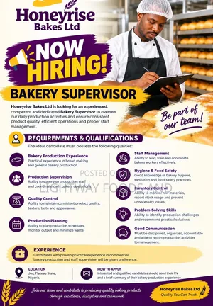 Bakery Supervisor - Honeyrise Bakes Ltd (Jos)