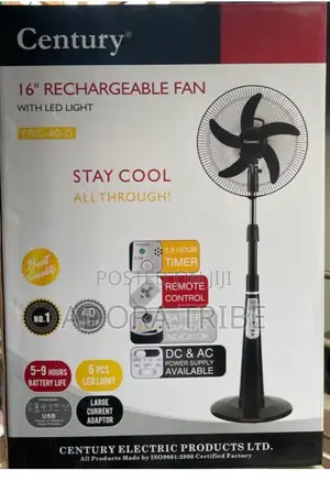 Century 16" Rechargeable Standing Fan with LED Light & Remote