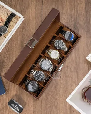 6-Slot Brown Leather Watch Organizer Box
